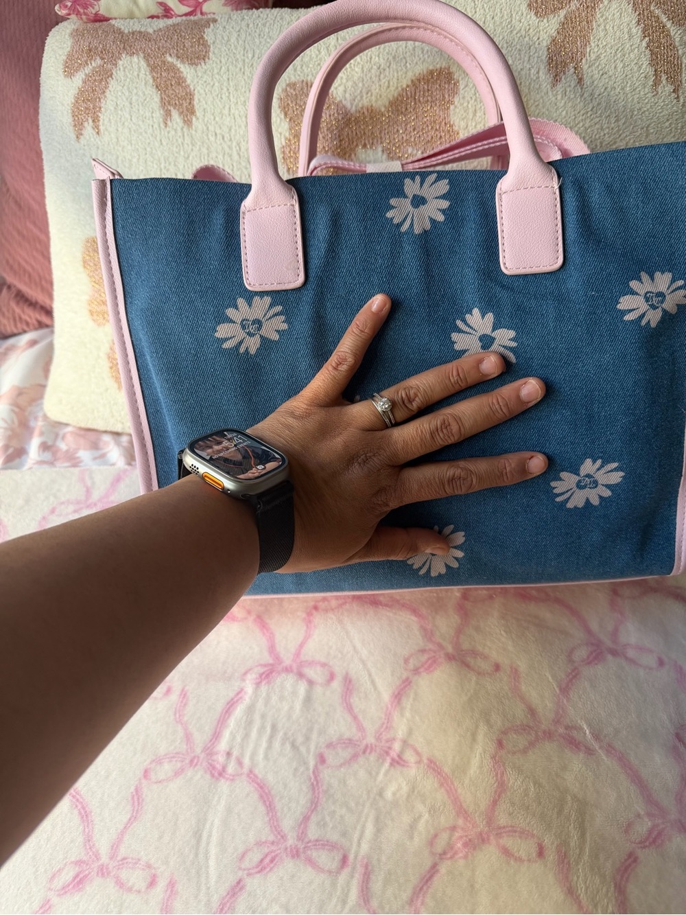 Juicy Couture Blue Canvas Floral Tote with Pink Trim - Picture 6 of 11